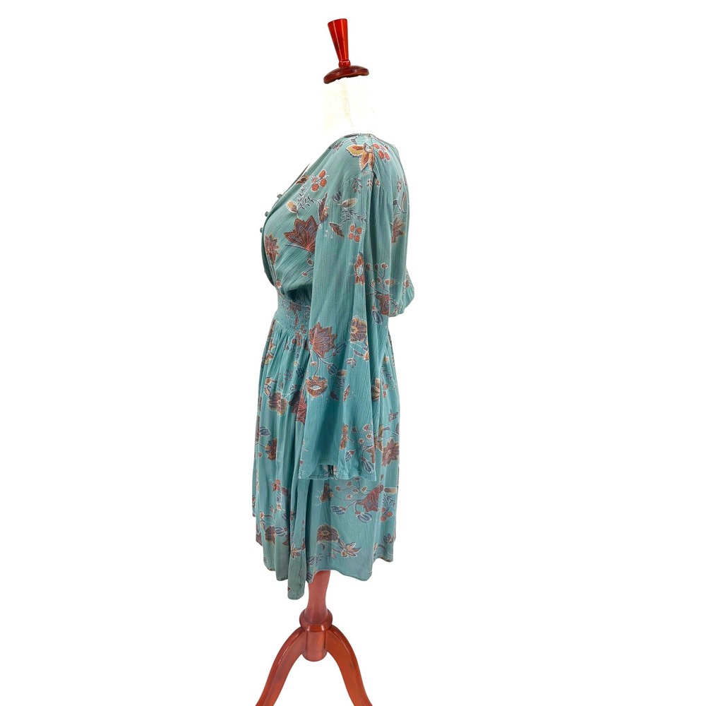 Kings Road V-Neck Dress Womens L Mint Green Brown Floral Bell Sleeve Excellent - Picture 4 of 10
